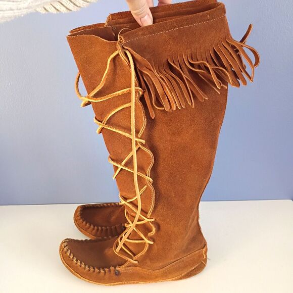 Vintage Minnetonka 1322 Knee High Lace Up Leather Sole Moccasin Boots 7 Boho - Picture 4 of 9